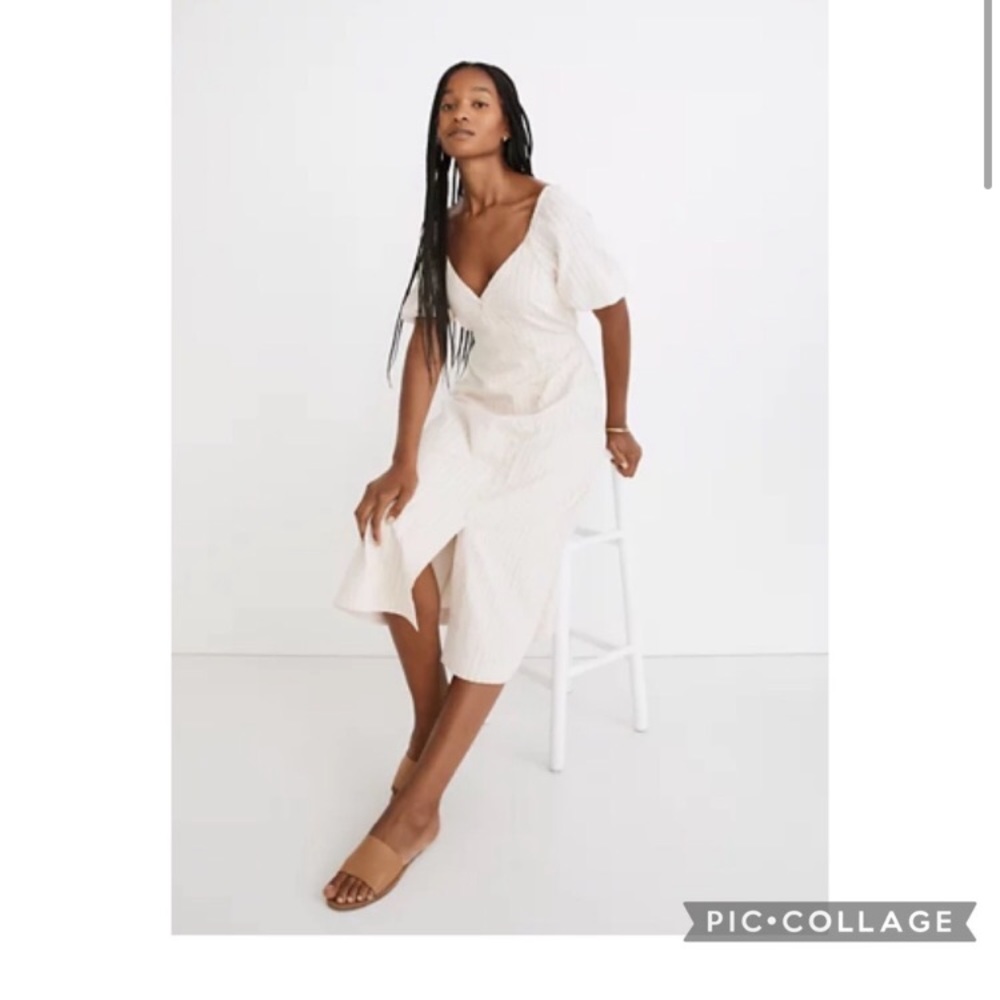NWOT Madewell Puff-Sleeve Button-Wrap Midi Dress in Undyed Stripe